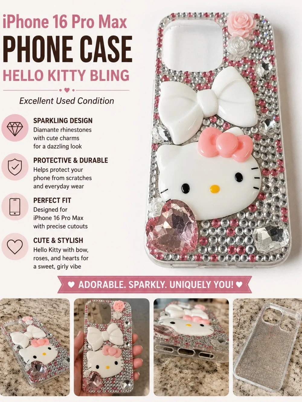 Hello Kitty Pink & White Bling Phone Case iPhone 16 pro max